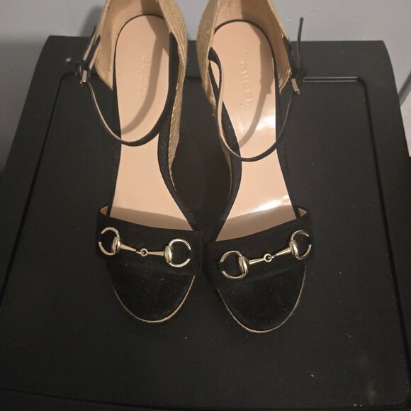 Gucci Horsebit Wedge Espadrille Platform Sandal Heels black suede - Picture 3 of 7